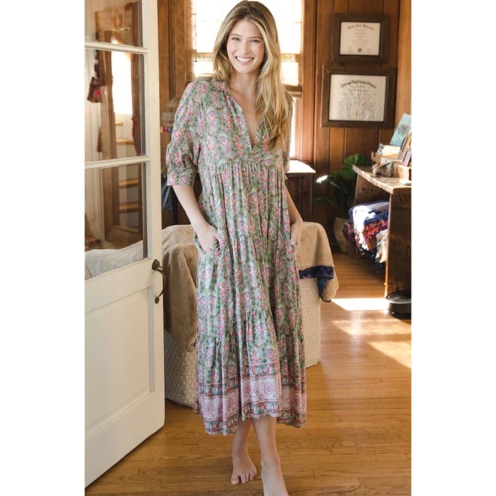 Natural Life Rebecca Green Floral Paisley Tiered Midi Dress Boho Pockets Size M